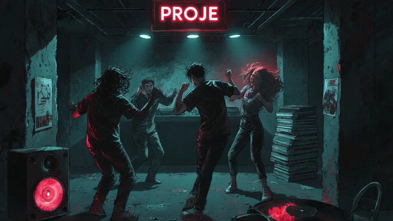 Crowd dancing underground in a dim nightclub with pulsing lights and vinyl records.