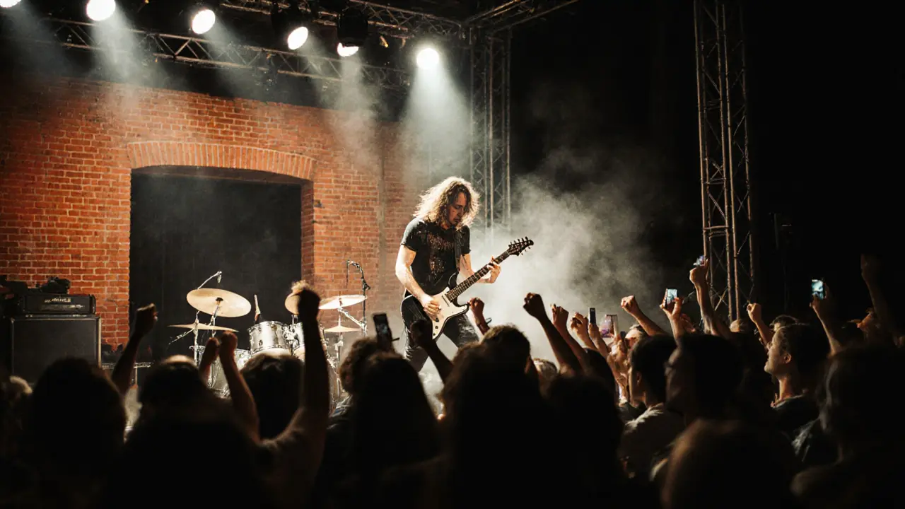 Crowd energized at an O2 Academy Brixton rock concert, guitarist mid-solo under spotlights.
