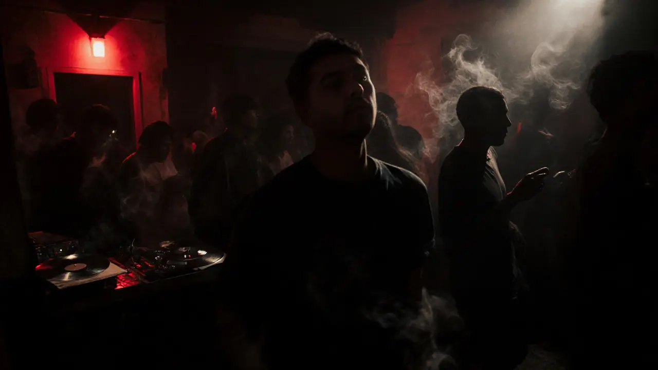 Dark underground techno club in Via Tortona with a red door, dancers silhouetted in smoke and bass-lit shadows.
