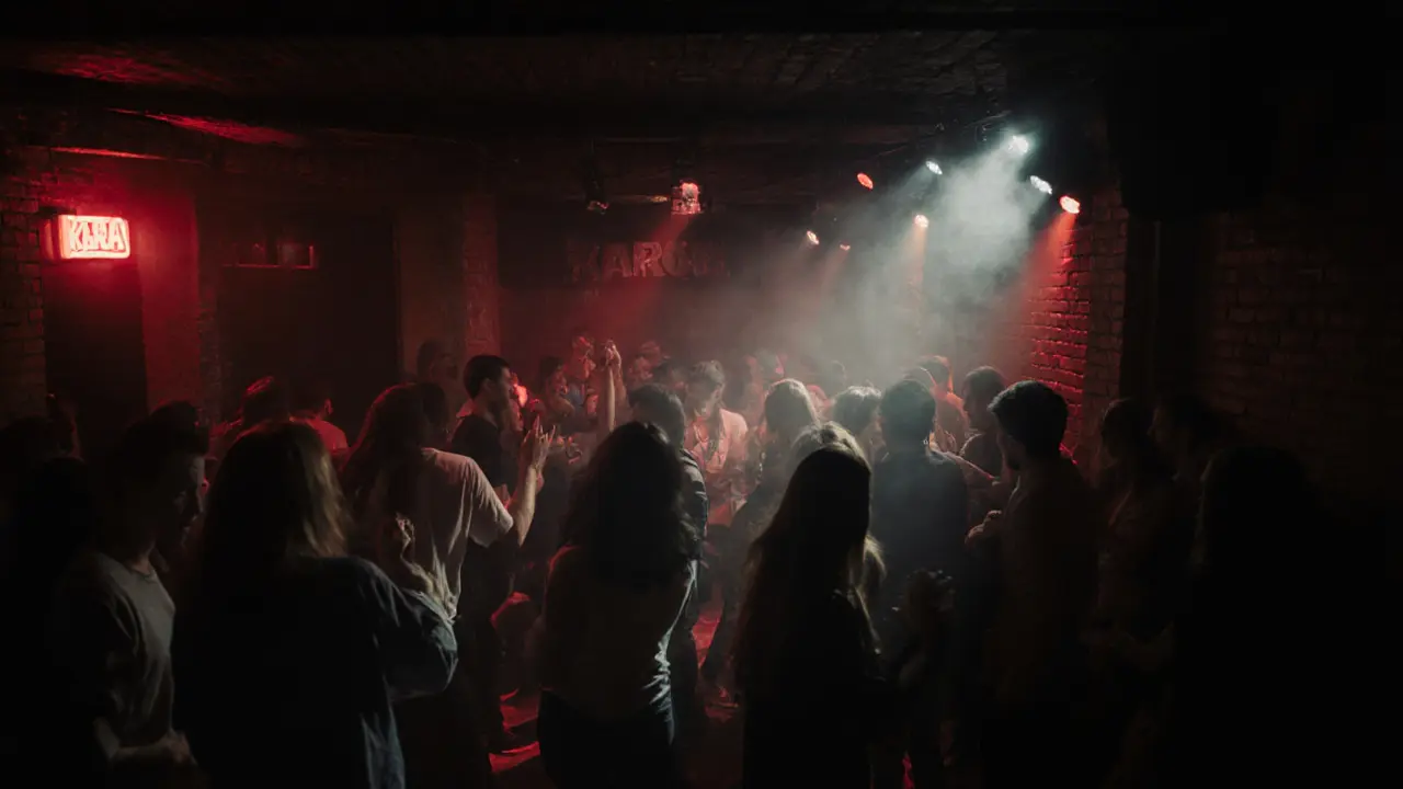 Dim basement club with red light entrance, crowd dancing to electronic music in smoky ambiance.