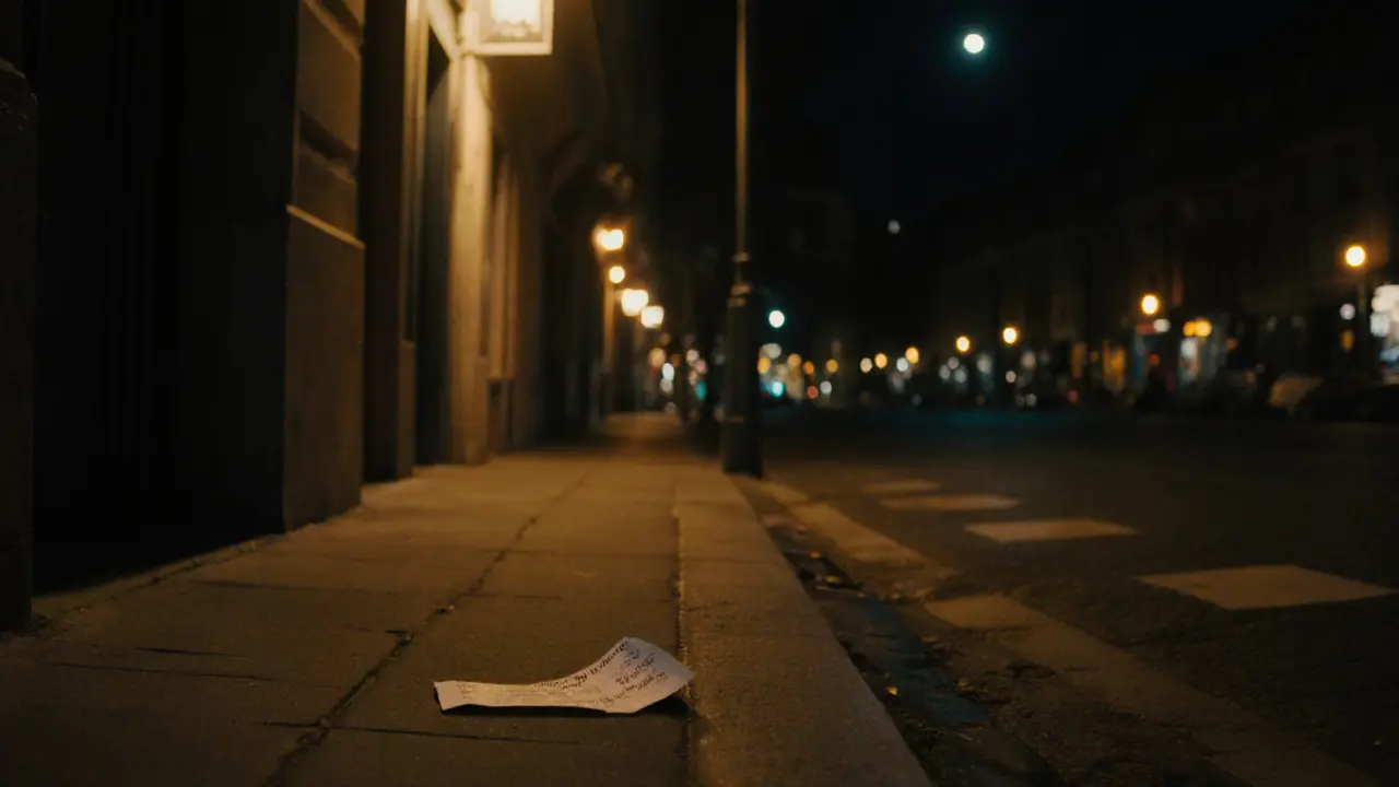 Empty Paris street at night with a discarded receipt, evoking isolation and risk.