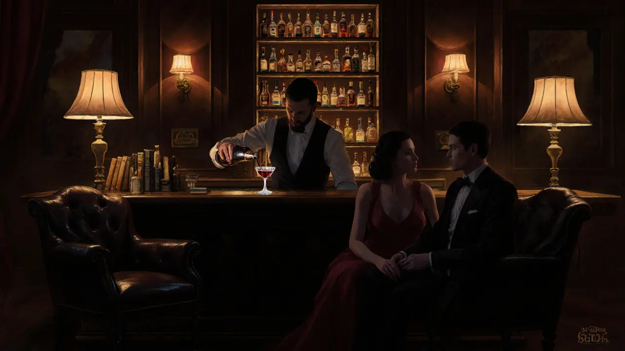 Exclusive dimly lit bar with bartender pouring a drink, antique furnishings, quiet elegance, no text visible.