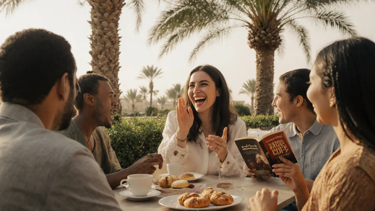 Expats socializing at a sunlit club terrace in Abu Dhabi, sharing coffee and conversation in a natural, connection-focused setting.