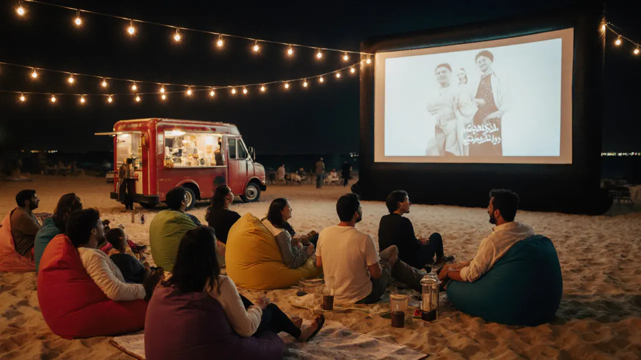 Families watching a movie under the stars on Yas Beach, relaxed on beanbag chairs with food nearby.