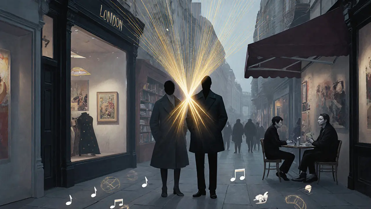 Golden threads connect two anonymous figures in London, symbolizing emotional companionship amid art, books, and music.