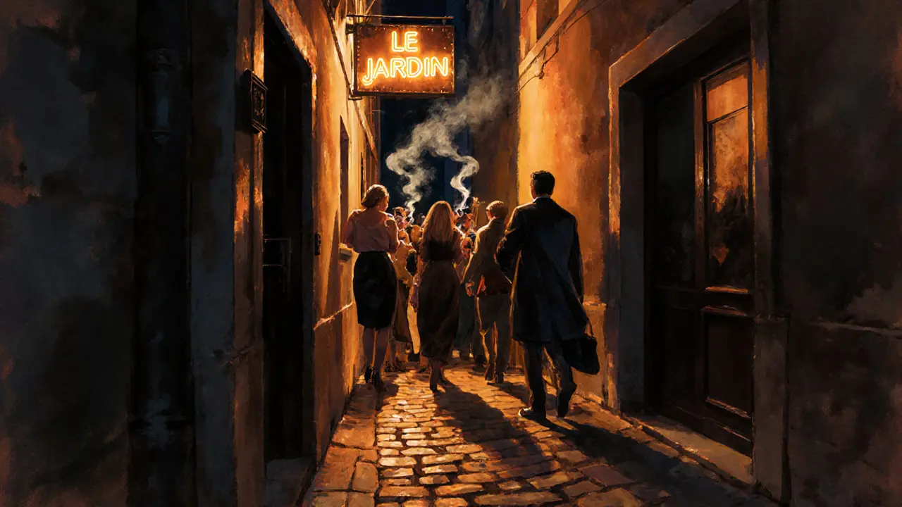 Hidden underground club entrance in a narrow alley with warm light spilling onto cobblestones.