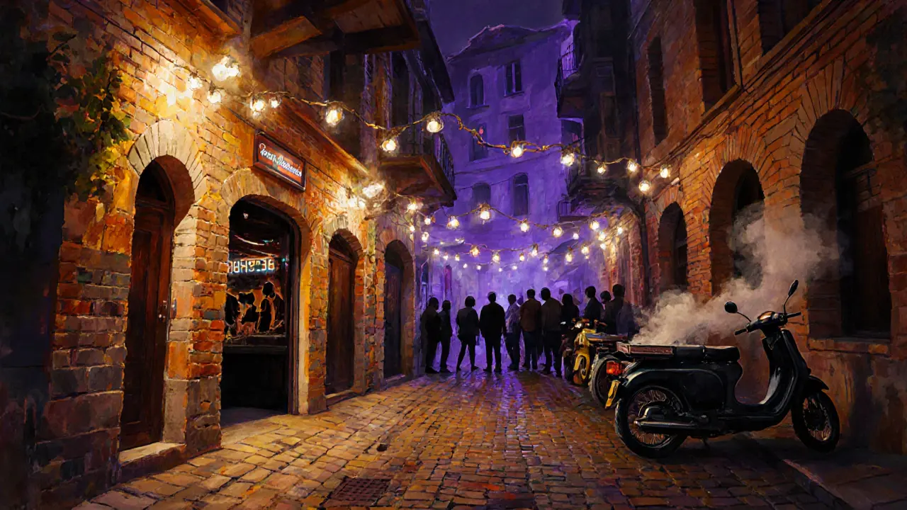 Hidden underground club entrance in Karaköy&#039;s alley with fairy lights and people waiting.