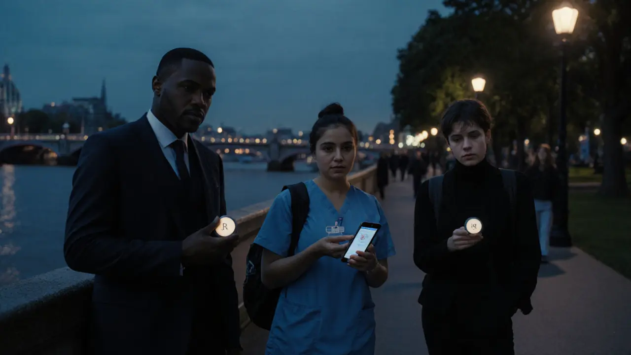 Independent escorts in London use safety tools in a park at dusk, showing quiet vigilance and self-protection.
