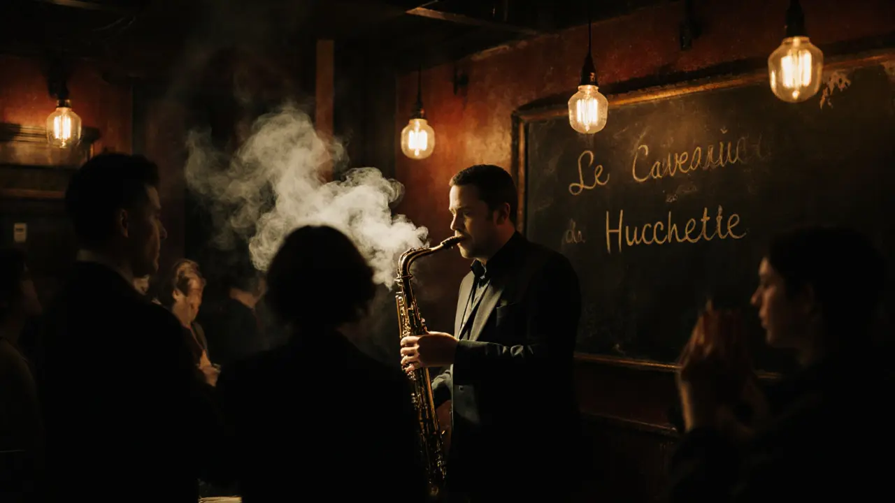 Intimate jazz club basement with smoke and soft light around a saxophonist performing for a silent crowd.