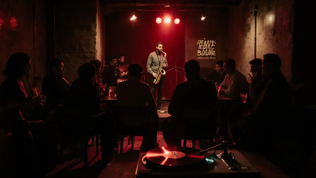 Jazz musician performing under red lamps in a dimly lit basement venue in Abu Dhabi