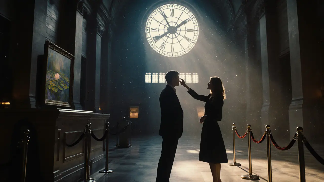 Luxury companion and client exploring Musée d&#039;Orsay after hours, bathed in golden sunset light.