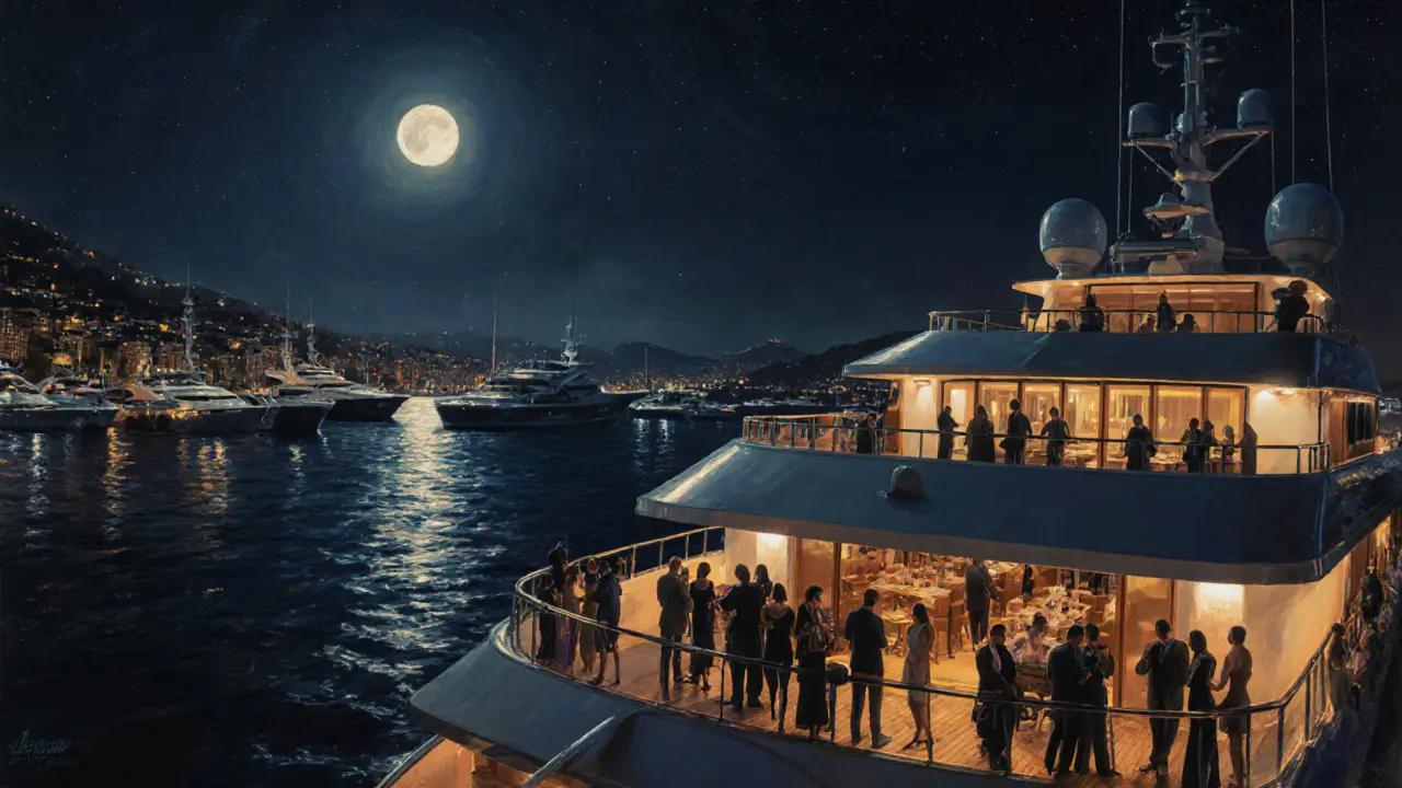 Luxury yacht at night in Monaco&#039;s port with guests on deck under starry sky and moonlit water.