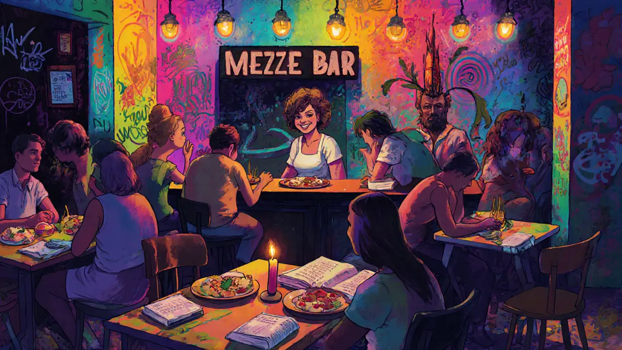 Mezze Bar in Beyoğlu at night, filled with people of all backgrounds sharing food and stories under colorful graffiti walls.