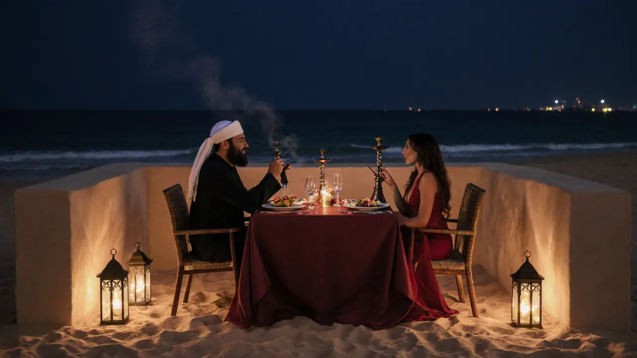 Private beach dinner with shisha and fine dining under lantern lights.