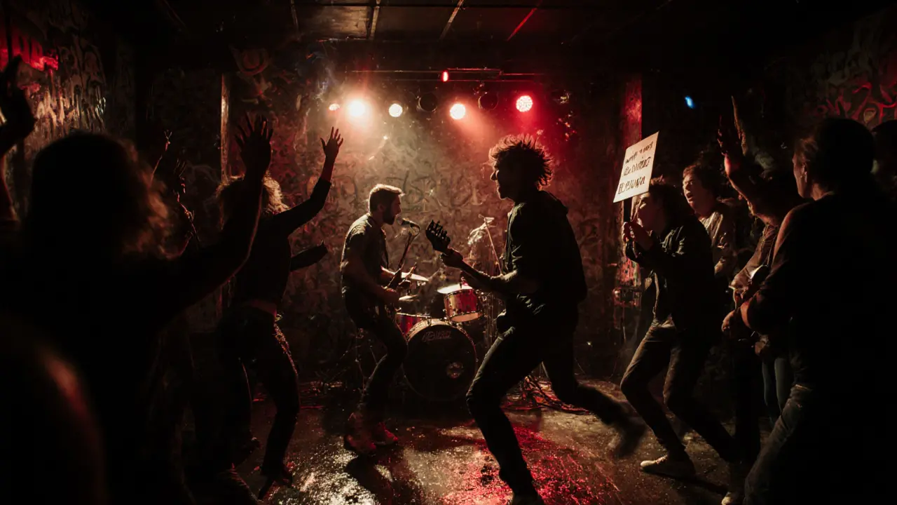 Punk band playing in the gritty Electric Ballroom, crowd jumping under flickering neon lights.