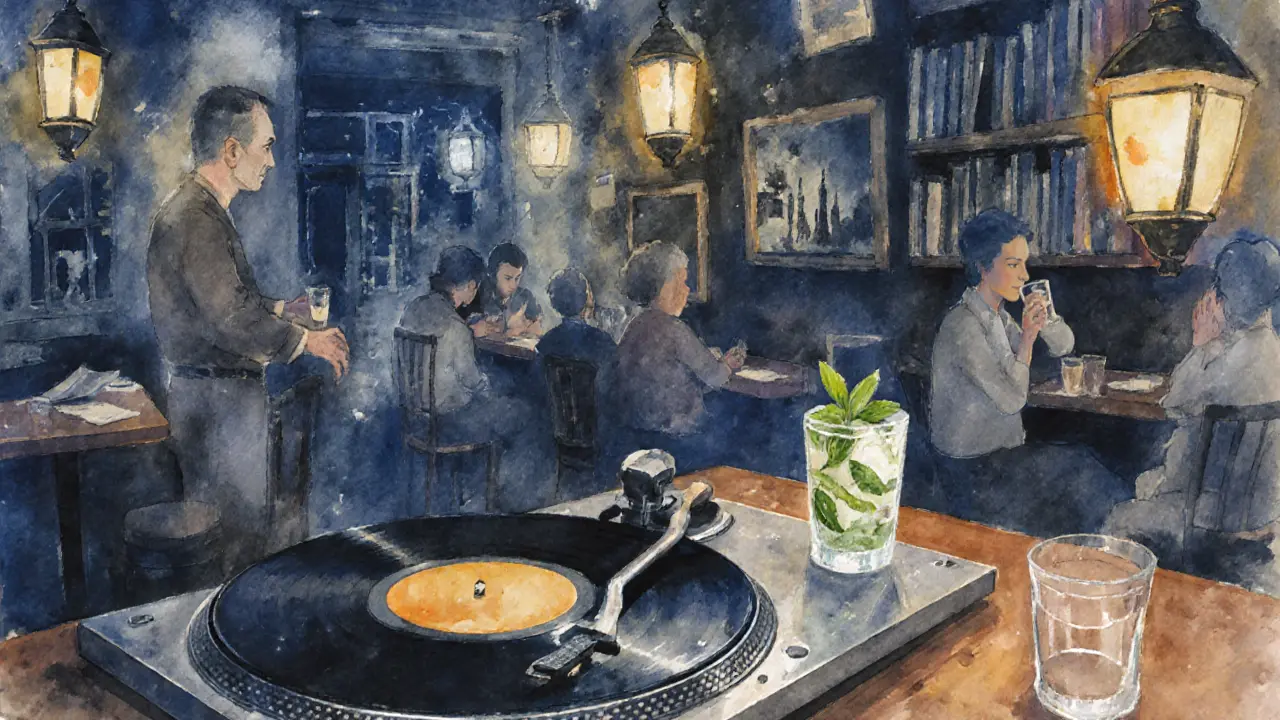 Quiet bar scene with a jazz drummer playing vinyl, patrons sipping drinks under soft lamplight.