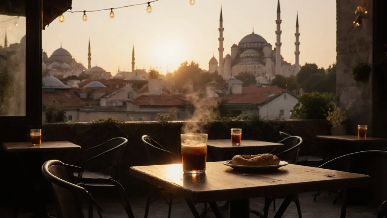 Quiet morning at Cafe Sıddık with şalgam and simit as sunrise lights the courtyard.