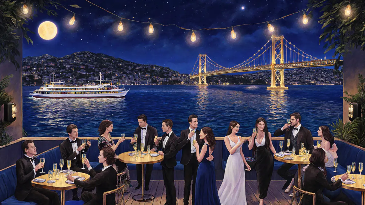 Reina nightclub terrace overlooking the Bosphorus, guests enjoying drinks under string lights as a ferry passes below.