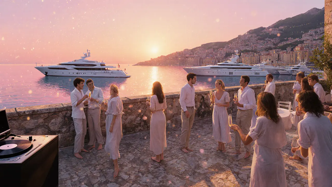 Sunset at a yacht club terrace with guests on stone flooring, superyachts in the harbor, golden hour lighting.