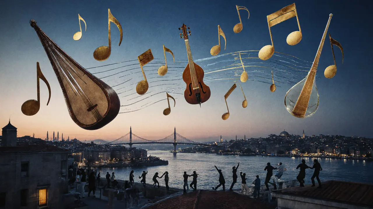 Surreal floating musical notes over the Bosphorus at dawn, representing Istanbul’s culturally blended nightlife soundscape.