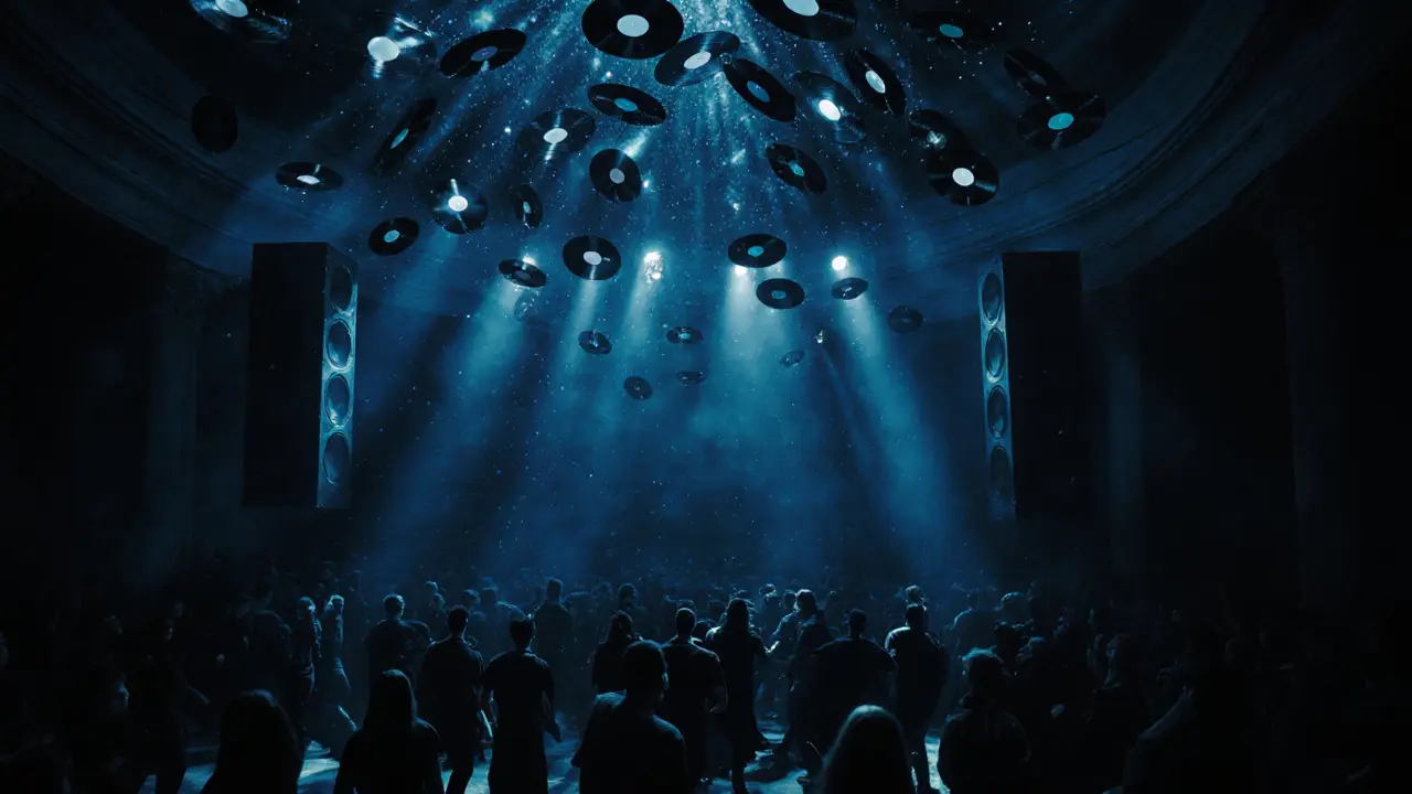 Surreal view inside La Scala Club with dancers surrounded by glowing sound waves and floating vinyl records.