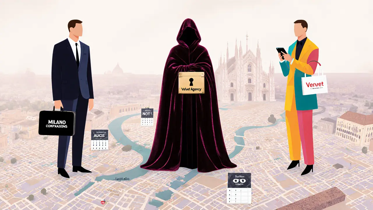 Three abstract figures represent Milan&#039;s top escort agencies, each symbolized by distinct style and icons.