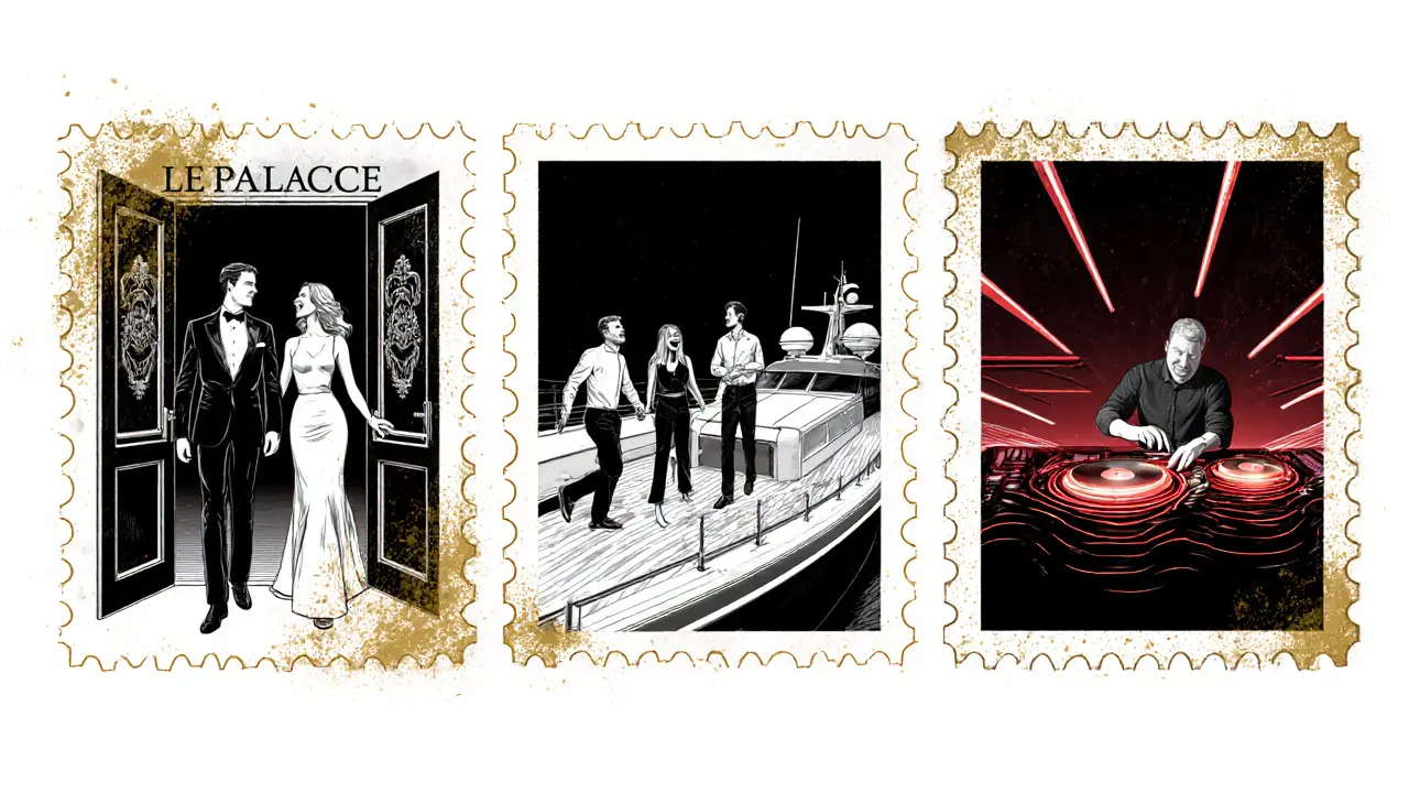 Three iconic Monaco nightlife scenes: club entry, yacht gathering, and underground DJ set in stylized silhouette.