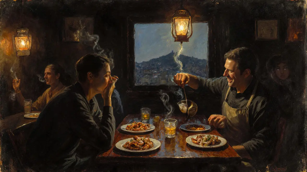 Traditional meyhane interior at night, patrons sharing meze and raki under warm lantern light with smoke curling in the air.