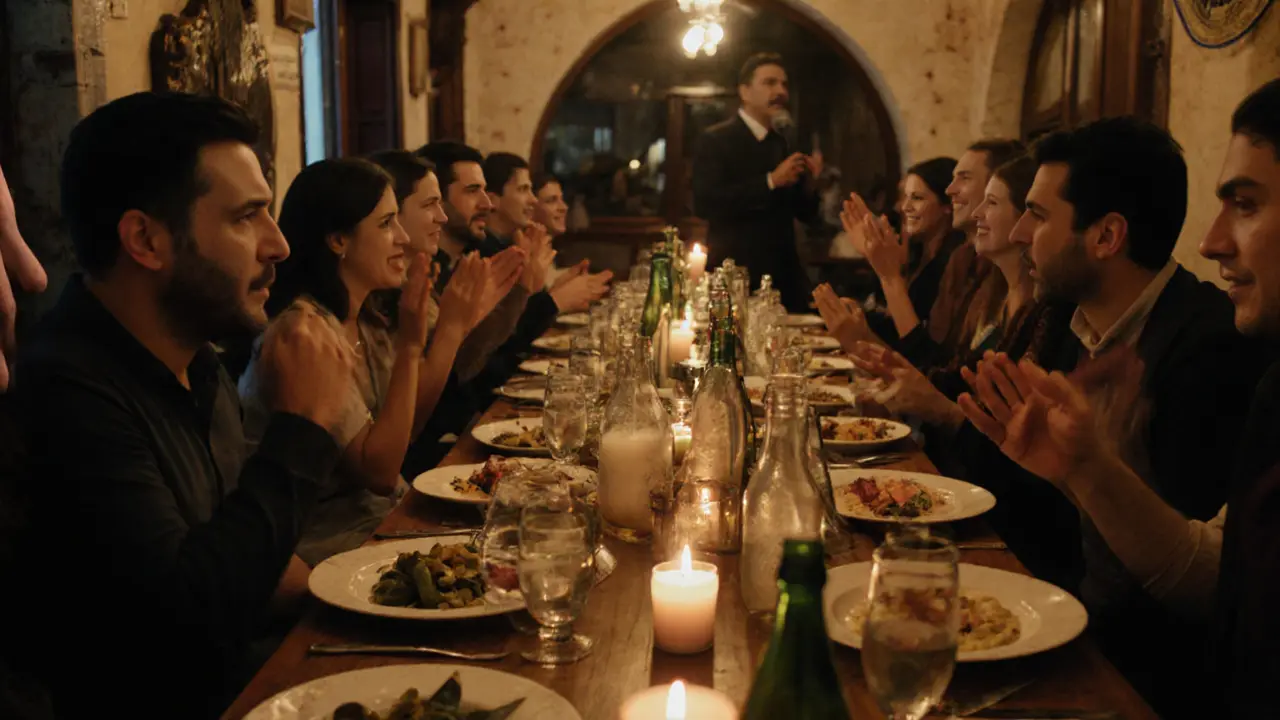 Traditional Turkish meyhane with tables full of meze, rakı bottles, and people singing together.