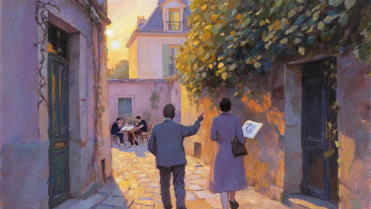 Two figures walk through a sunlit Montmartre alley, discovering a hidden courtyard where artists sketch in silence.