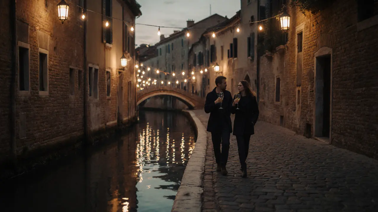 Two figures walking along illuminated canals in Milan, enjoying wine under string lights at dusk.