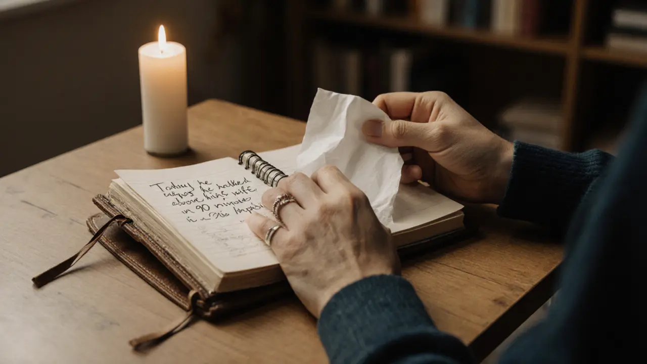 Two hands on a wooden table: one offering a tissue, the other holding a journal with notes about emotional support.