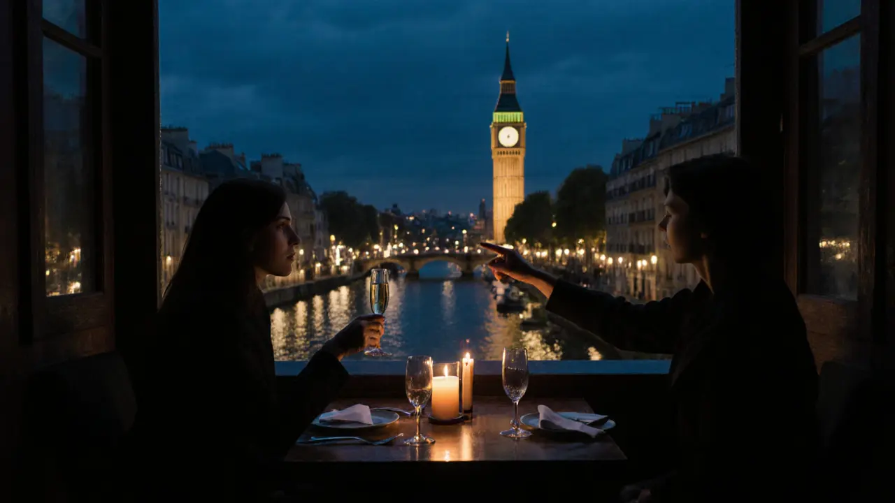 Two people enjoy champagne on a quiet Paris rooftop bar, city lights glowing softly in the background.