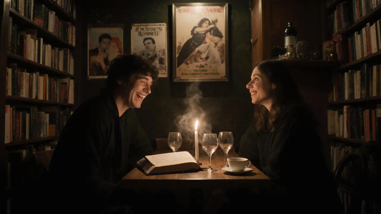 Two people laughing quietly in a cozy Montmartre café at night, candlelight reflecting off wine glasses and books.