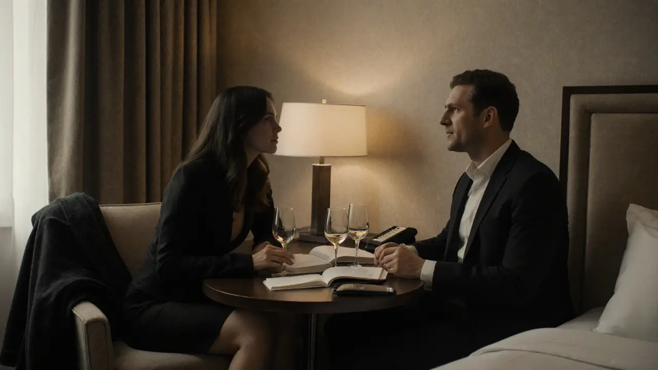 Two people sit calmly in a hotel room, sharing wine and conversation, with books on the table and no physical intimacy.