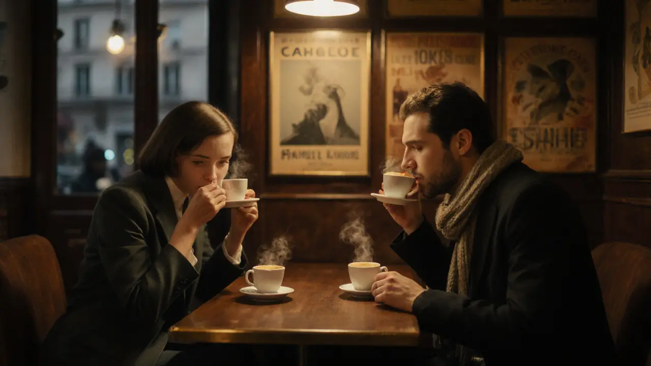 Two people sit quietly in a Paris café at night, sharing a moment without speaking.
