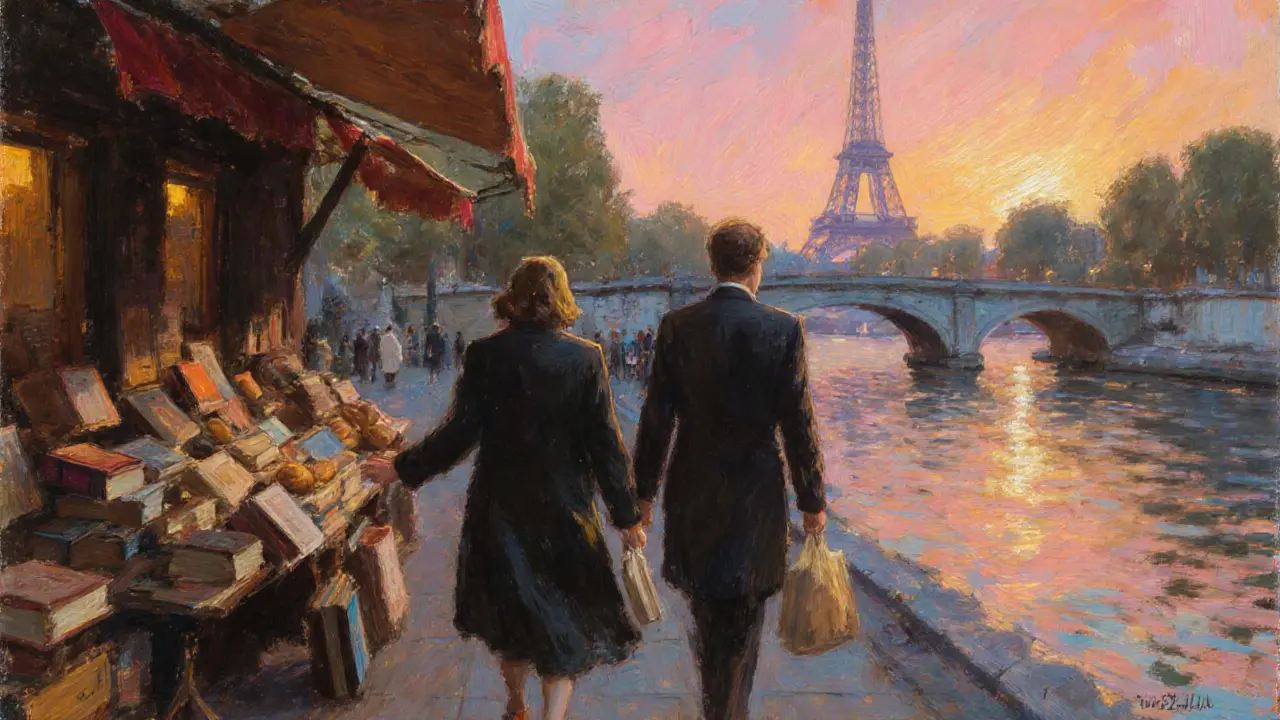 Two people stroll past vintage bookstalls along the Seine at golden hour, the Eiffel Tower glowing softly in the distance.