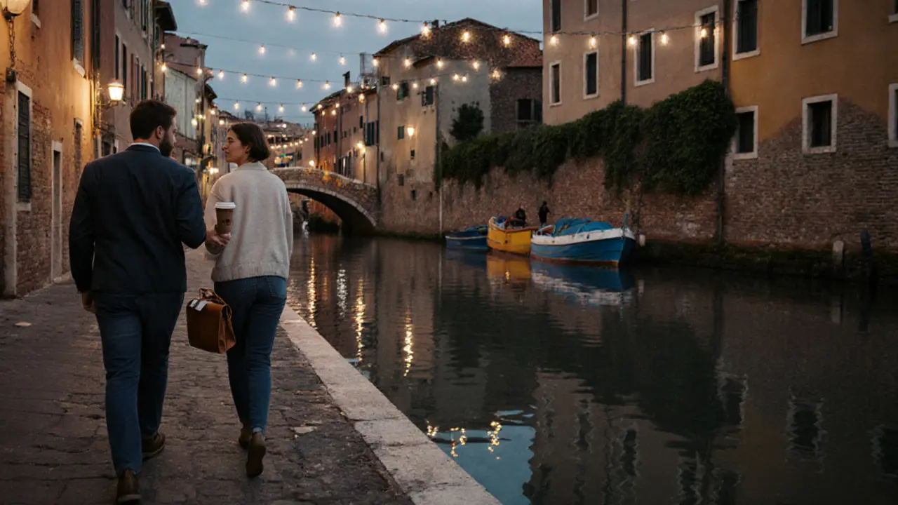 Two people walking peacefully along the Navigli canals at dusk, reflections on water, string lights above.