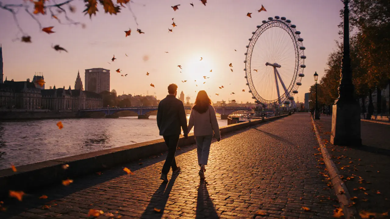 Two people walking peacefully along the Thames at sunset, shadows stretching on the path.
