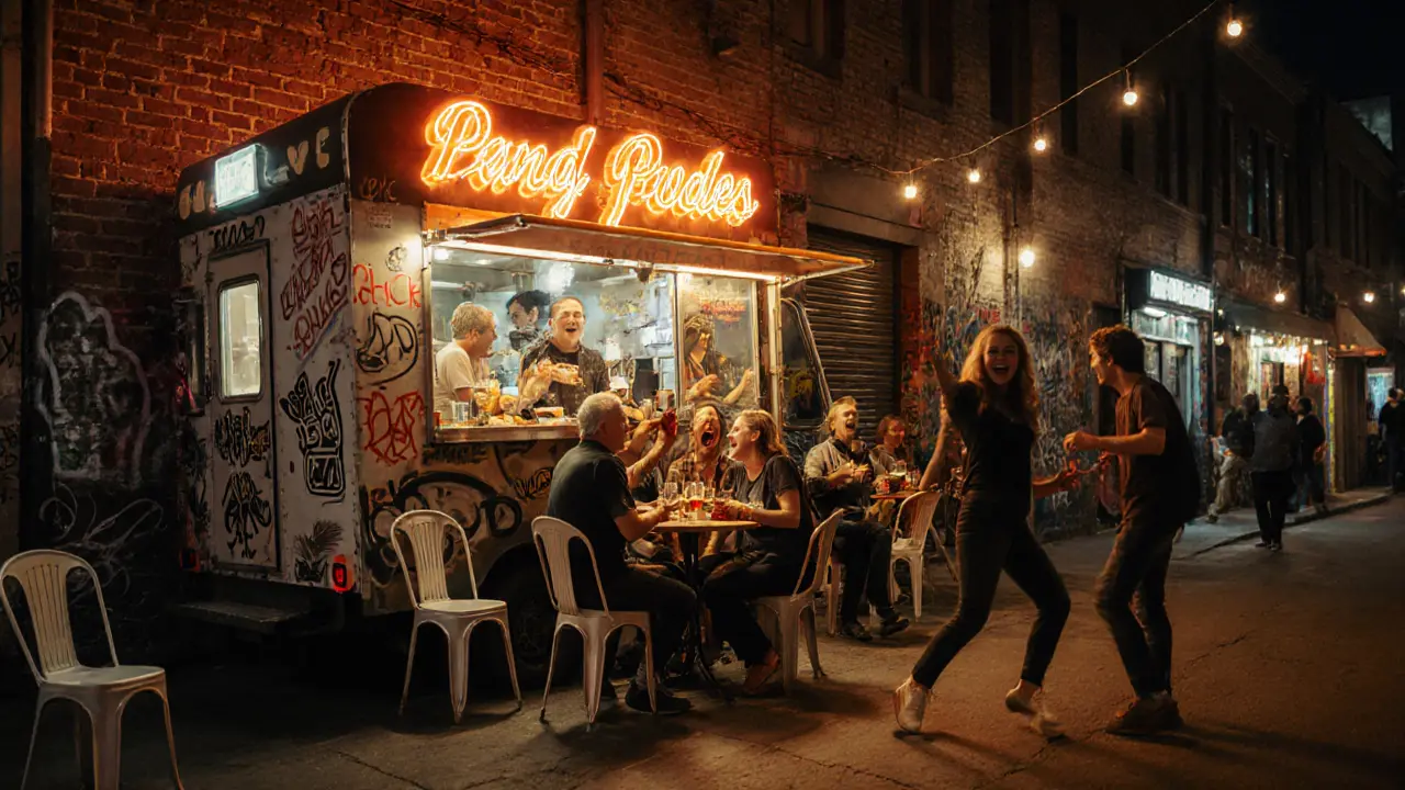 Vibrant alley in Belleville at night with people enjoying food and wine under string lights and graffiti.