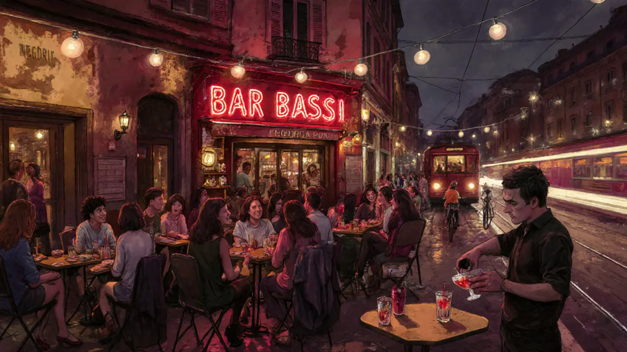 Vibrant street scene in Porta Ticinese with crowds at outdoor tables and Bar Basso&#039;s neon sign glowing at night.