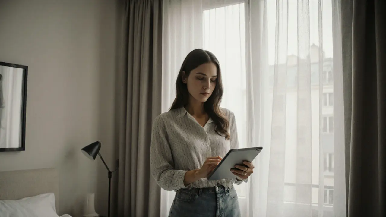 Woman reviewing a verified escort profile in a modern Paris apartment.
