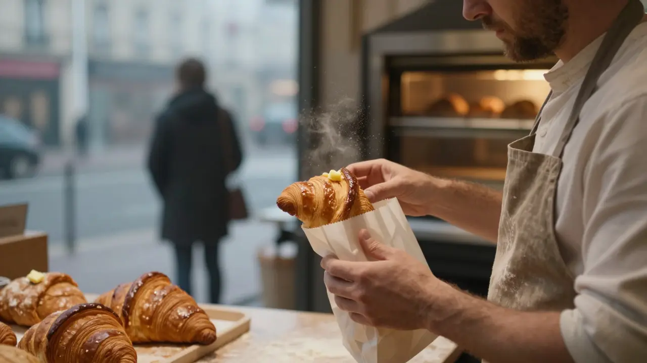A baker handing a warm croissant to a customer in a quiet Paris bakery at 3 a.m.