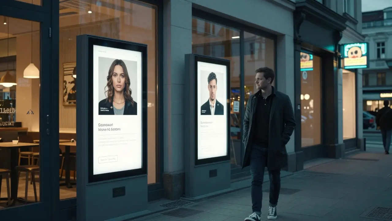 A calm man viewing professional escort profiles on a discreet digital kiosk in a Berlin neighborhood.