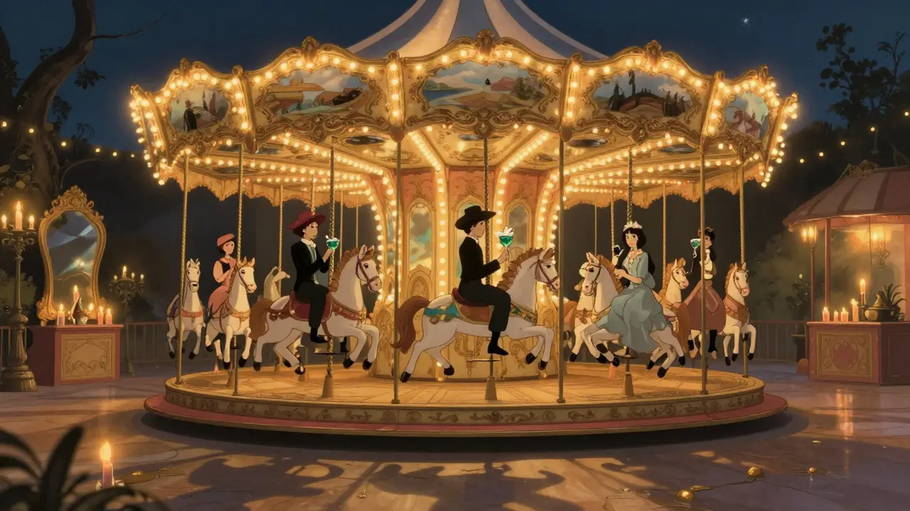 A candlelit vintage carousel spinning quietly in a museum, guests in elegant clothes sipping drinks under fairy lights.