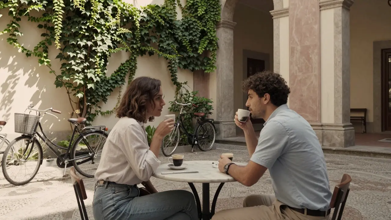 A client and escort enjoy espresso together in a sunlit Milan courtyard, surrounded by ivy and vintage bikes.