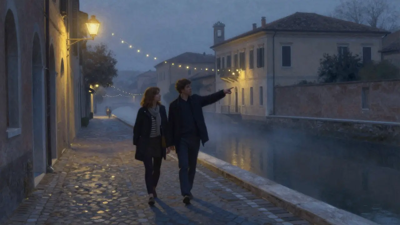 A couple walking peacefully along Milan&#039;s Brera canals at twilight, sharing a quiet conversation.