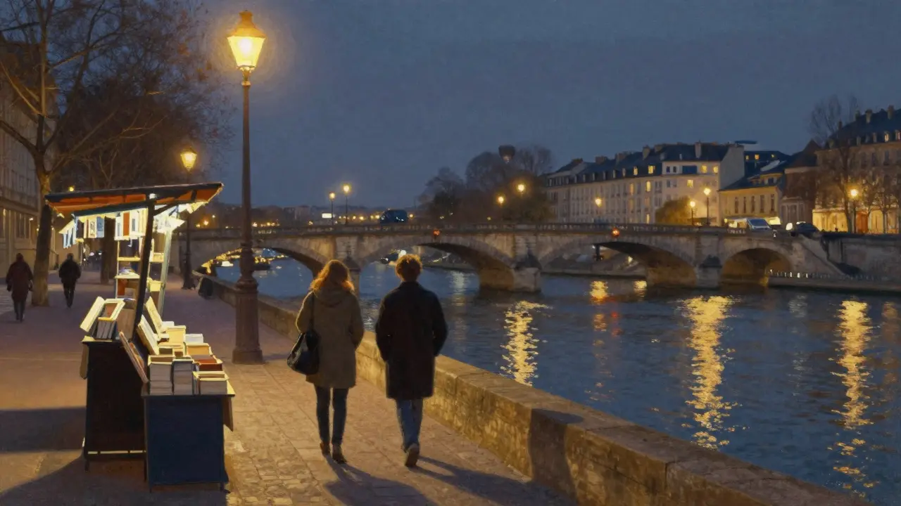 A couple walking peacefully along the Seine at night, illuminated by streetlamps and water reflections.