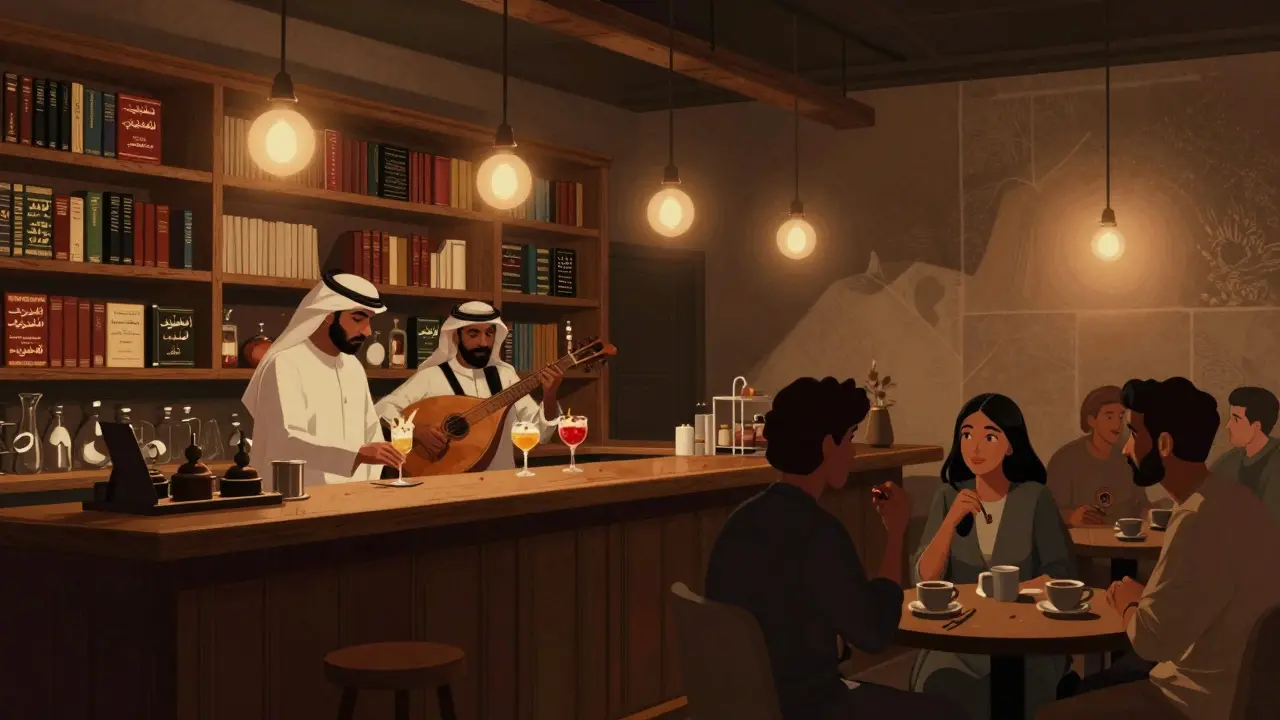 A cozy hidden bar with bookshelves, live music, and locals sharing stories over coffee in soft lighting.