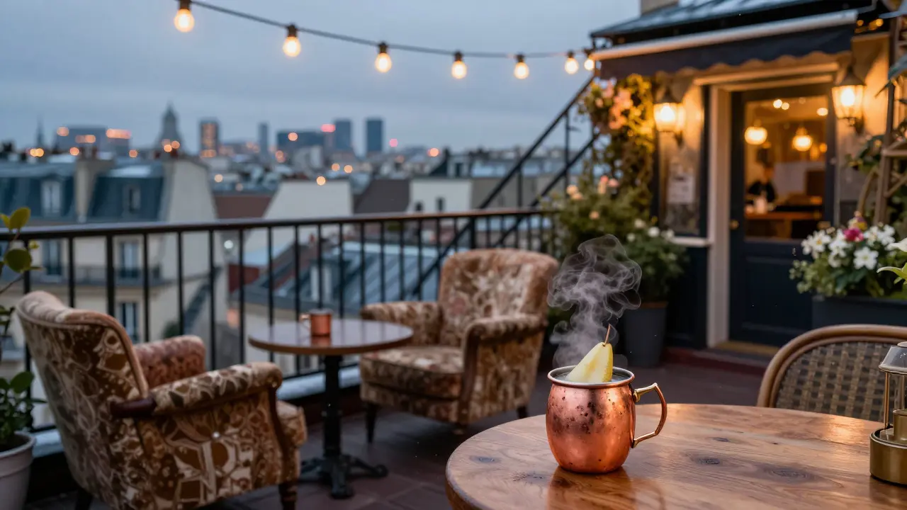 A cozy rooftop bar in Paris with string lights and views of the city skyline at night.